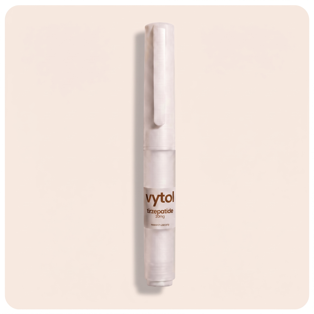 Vytol Tirzepatide 20mg pre-filled research pen, white injection pen with Vytol branded label, research use only, cream background
