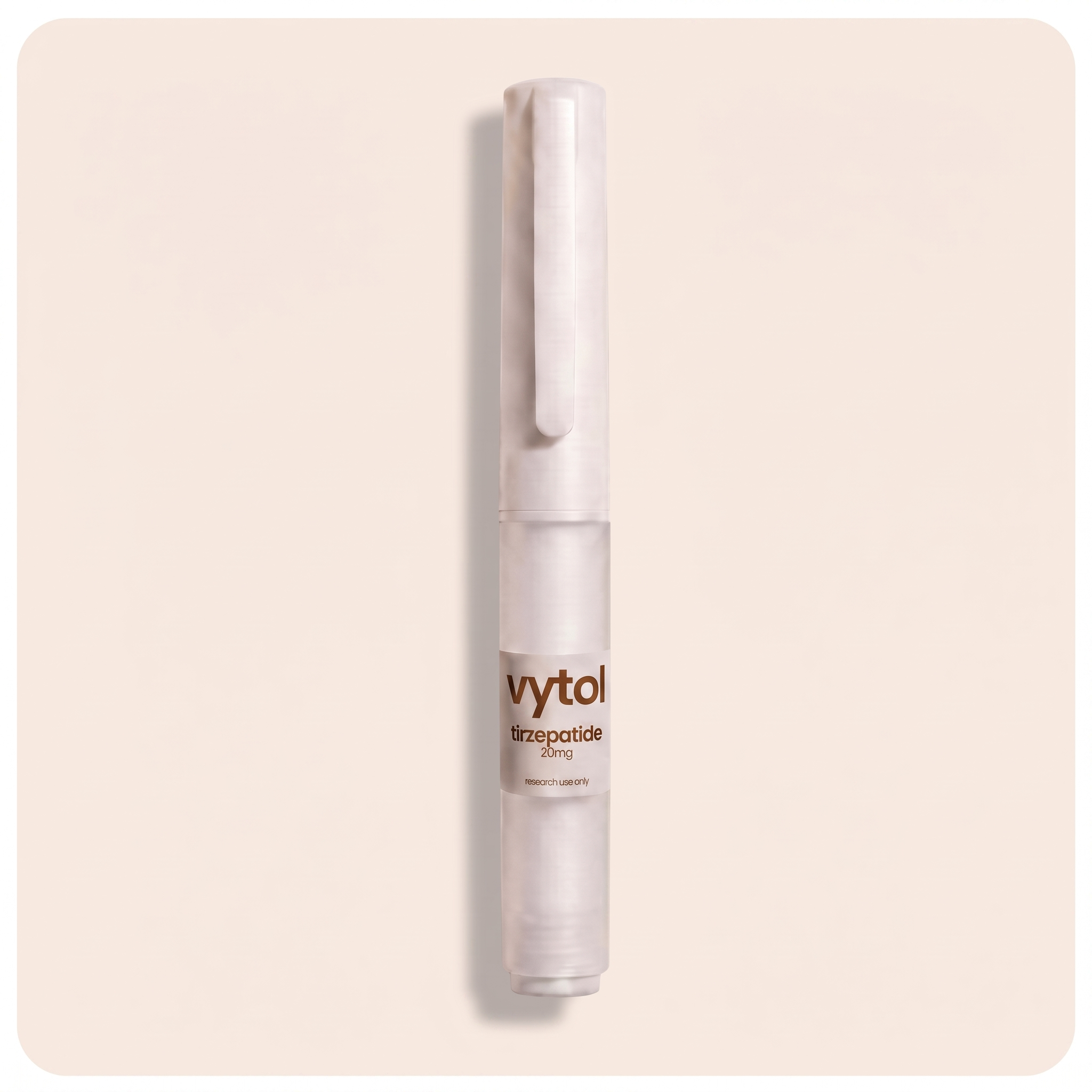Vytol Tirzepatide 20mg pre-filled research pen, white injection pen with Vytol branded label, research use only, cream background