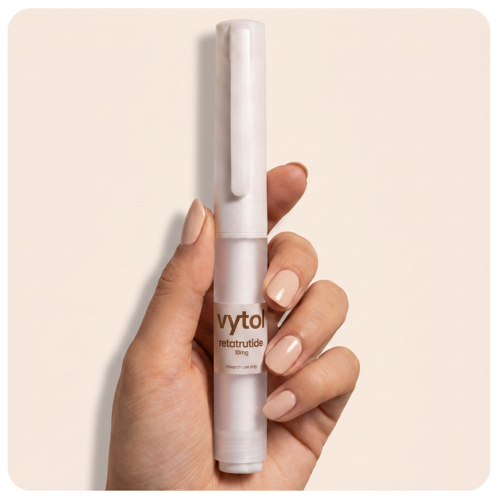 Vytol Retatrutide 10mg pre-filled research pen, white injection pen with Vytol branded label, research use only, cream background