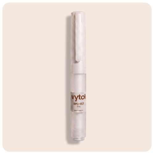 Vytol BPC-157 10mg pre-filled research pen, white injection pen with Vytol branded label, research use only, cream background
