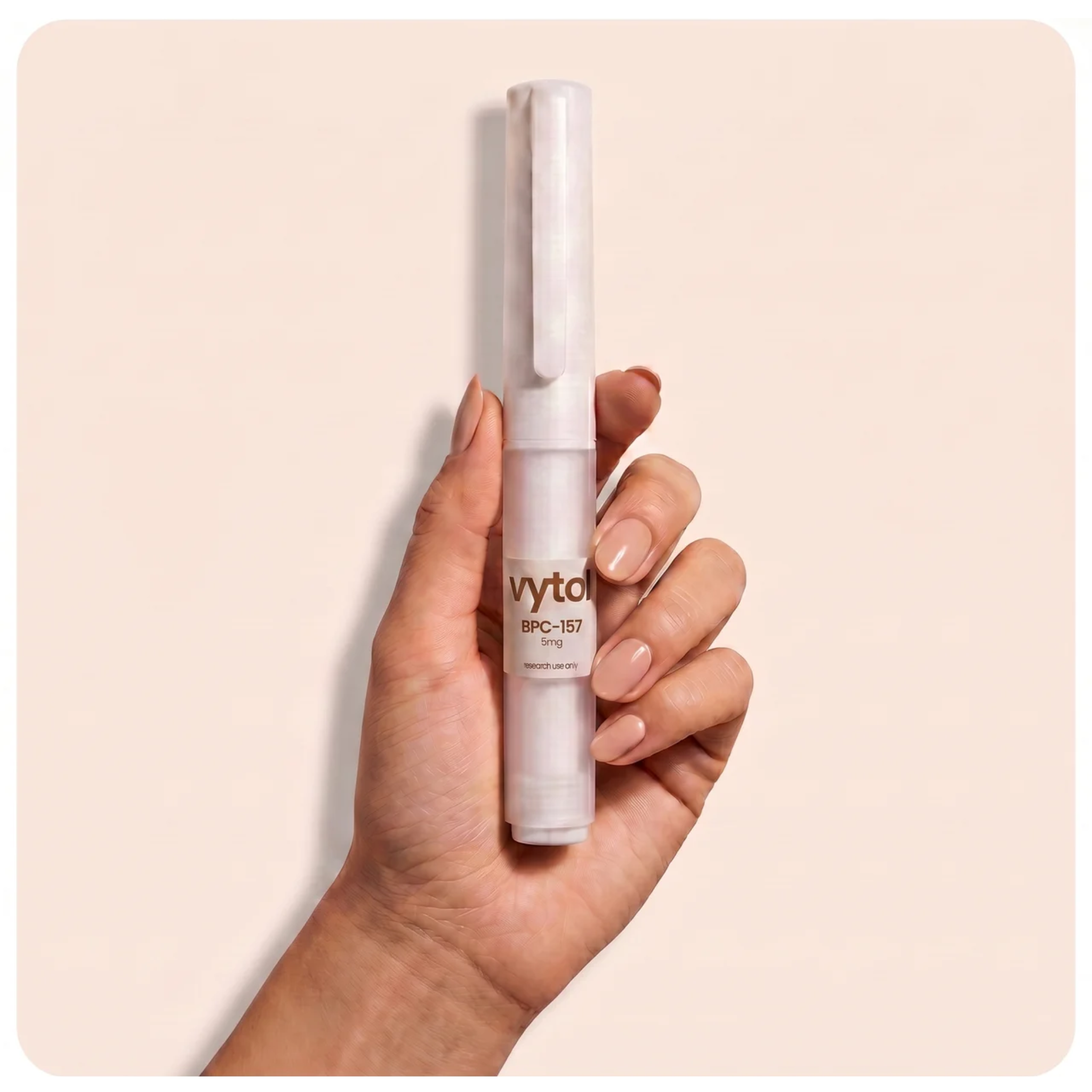 Vytol BPC-157 10mg pre-filled research pen, white injection pen with Vytol branded label, research use only, cream background