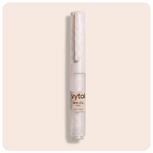 Vytol GHK-Cu 100mg pre-filled research pen, white injection pen with Vytol branded label, research use only, cream background