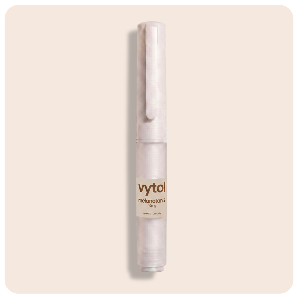 Vytol Melanotan 2 10mg pre-filled research pen, white injection pen with Vytol branded label, research use only, cream background