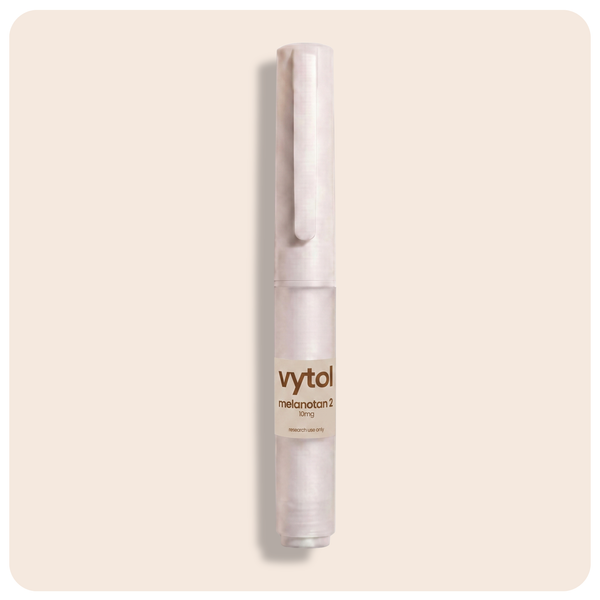 Vytol Melanotan 2 10mg pre-filled research pen, white injection pen with Vytol branded label, research use only, cream background