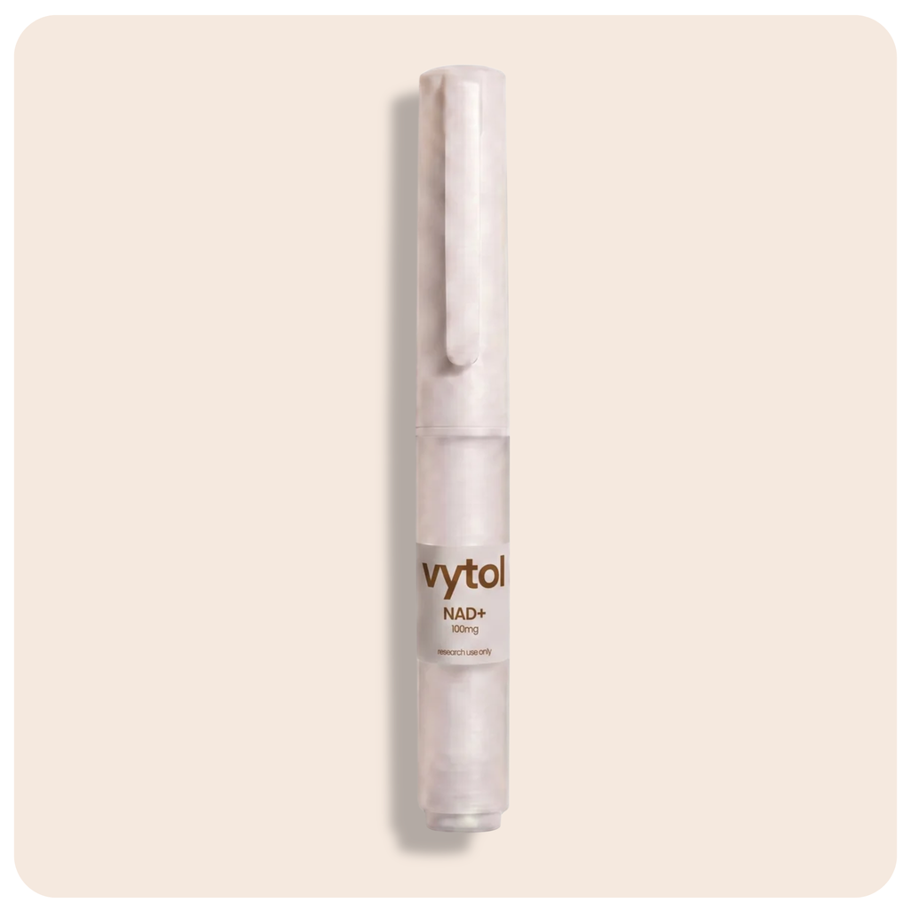 Vytol NAD+ 100mg pre-filled research pen, white injection pen with Vytol branded label, research use only, cream background
