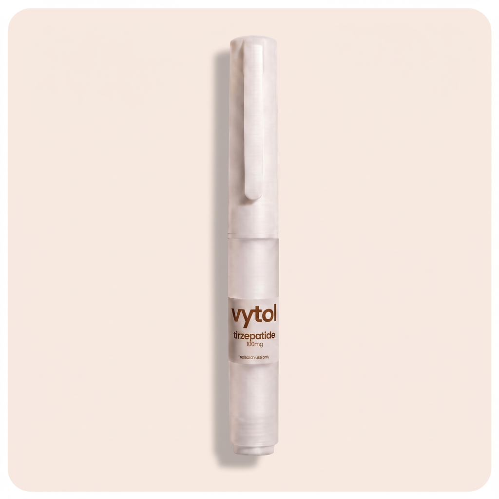 Vytol Tirzepatide 100mg pre-filled research pen, white injection pen with Vytol branded label, research use only, cream background