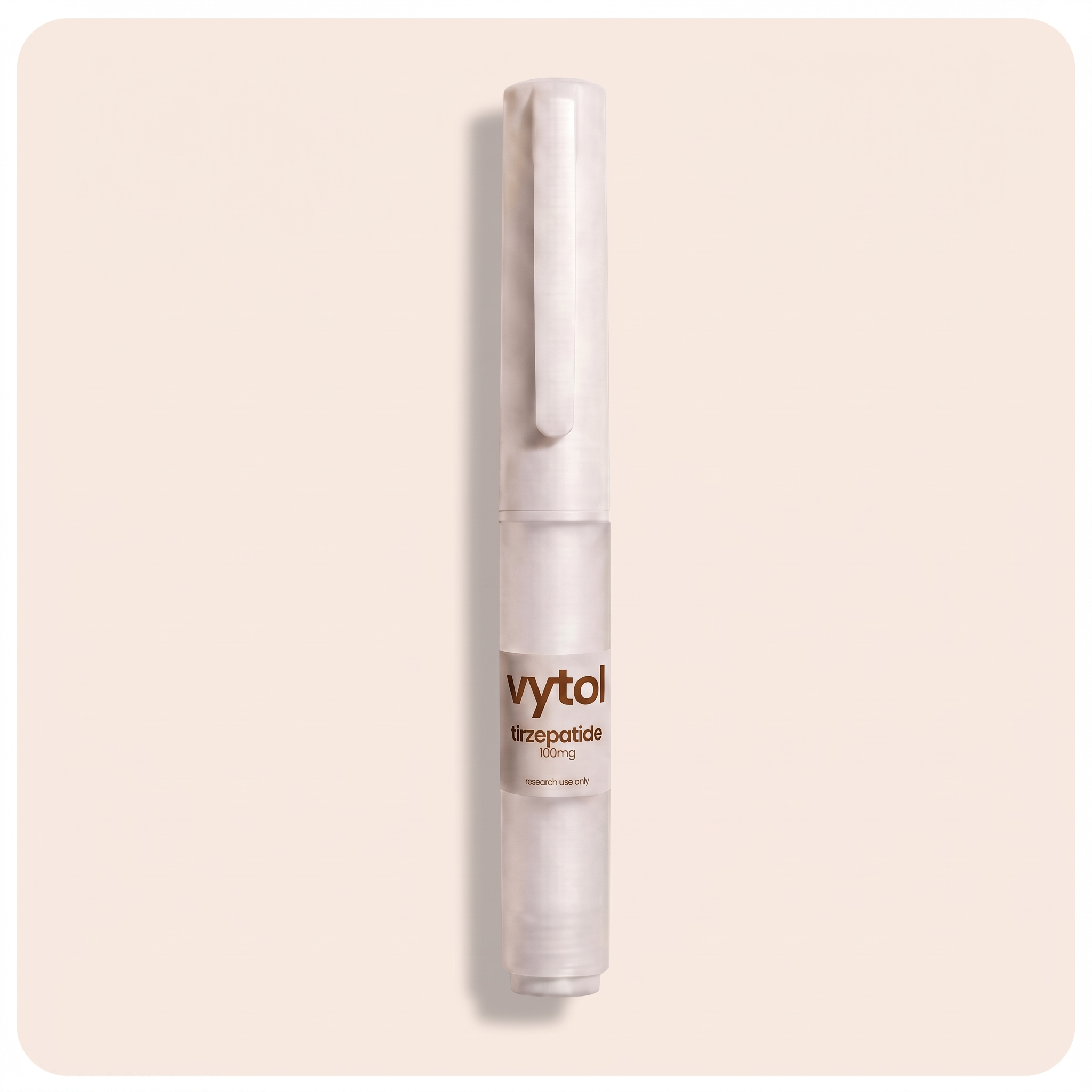 Vytol Tirzepatide 100mg pre-filled research pen, white injection pen with Vytol branded label, research use only, cream background