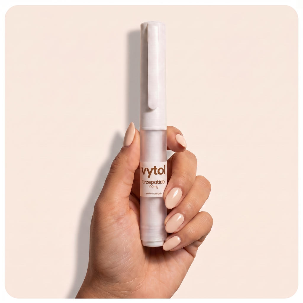 Vytol Tirzepatide 100mg pre-filled research pen, white injection pen with Vytol branded label, research use only, cream background