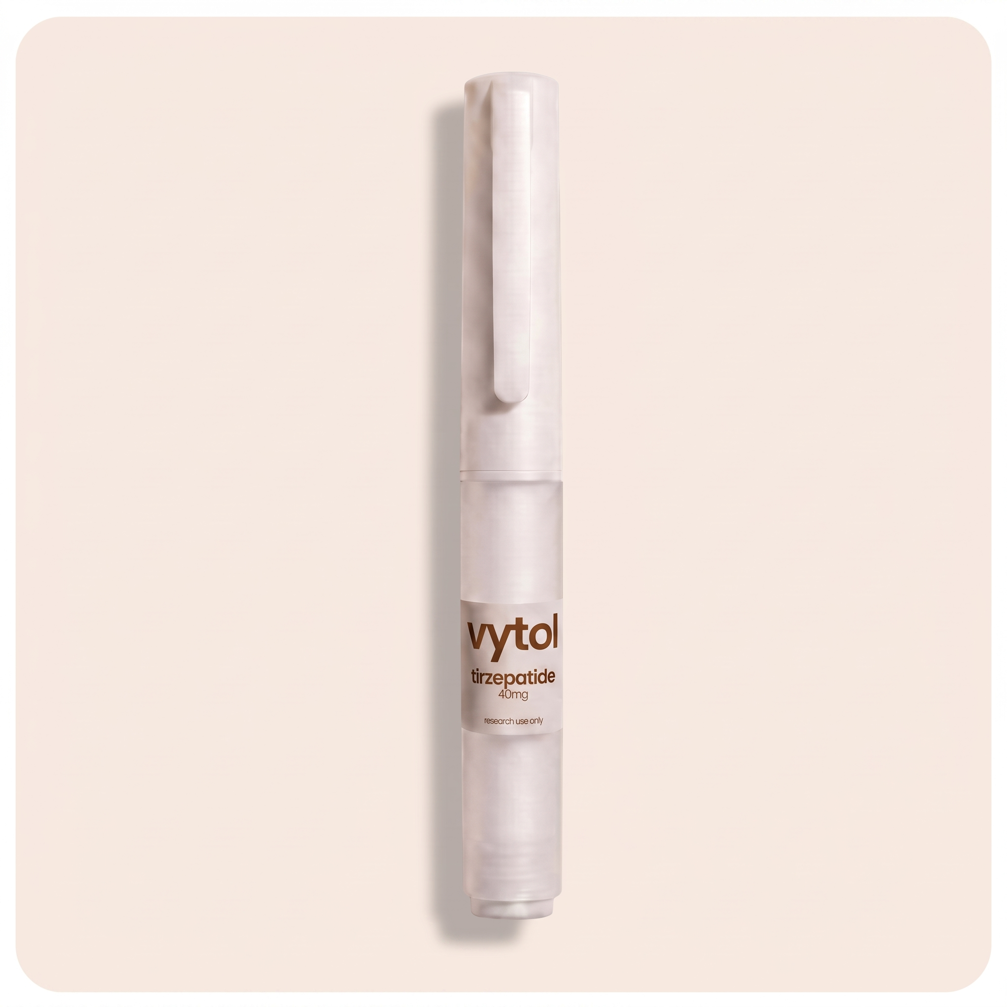 Vytol Tirzepatide 40mg pre-filled research pen, white injection pen with Vytol branded label, research use only, cream background